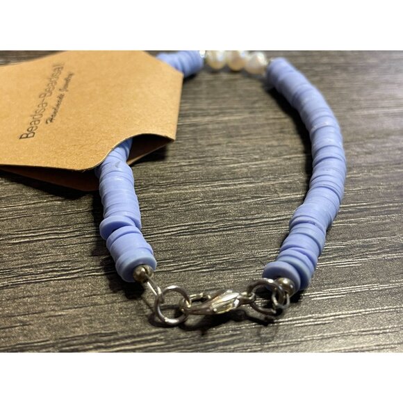 NEW polymer clay mother of pearl bracelet handmade blue silver beaded boho - Picture 4 of 6